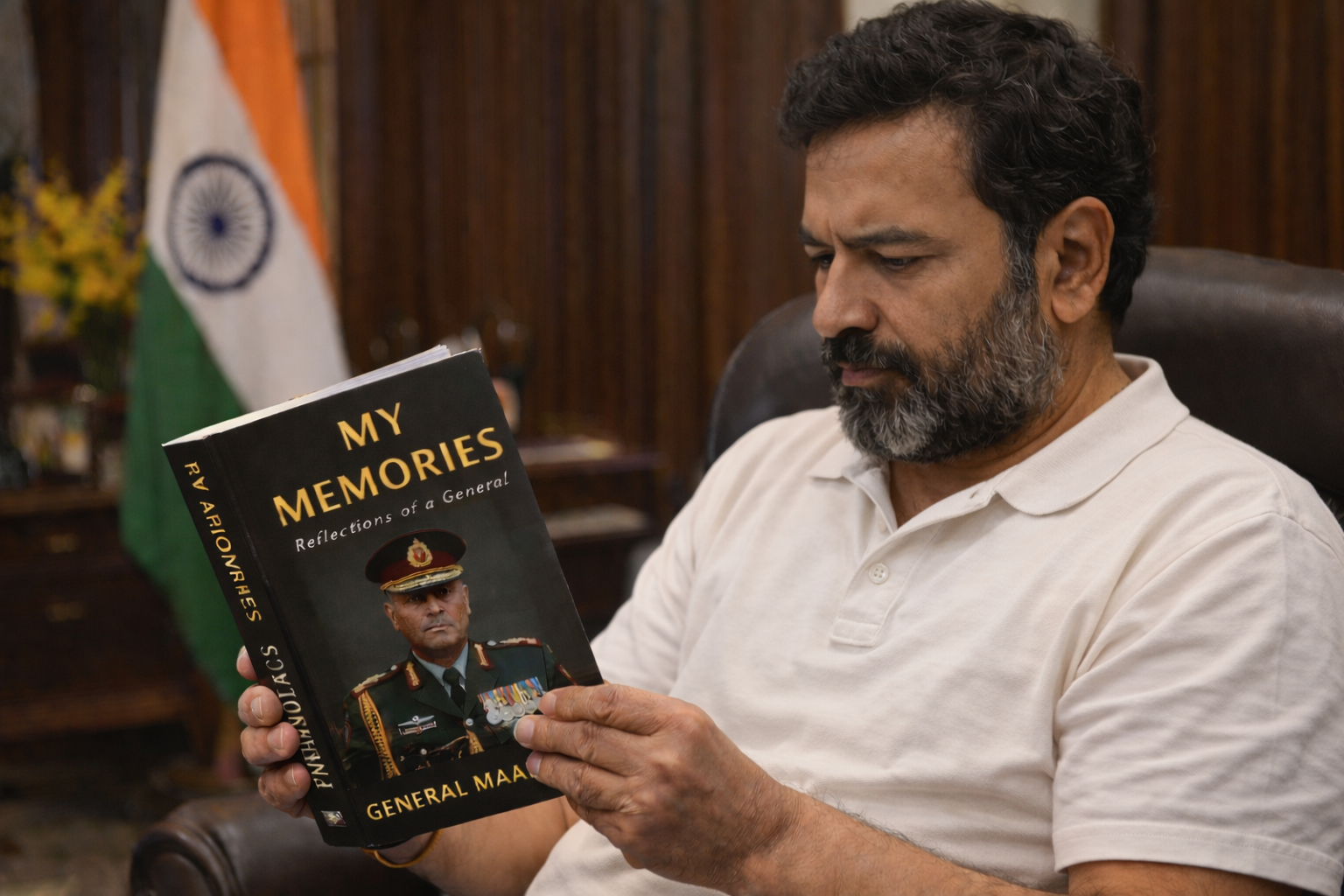 Leader of Opposition reading book written by Retd. General before clearance